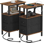 2 Set Narrow Side Table for Small Spaces, Skinny End Table with Charging Station, Sofa Beside Table with 2 Drawers 1 Open Compartment, Slim Nightstand with USB Ports Outlet, Rustic and Brown UTBT004F2