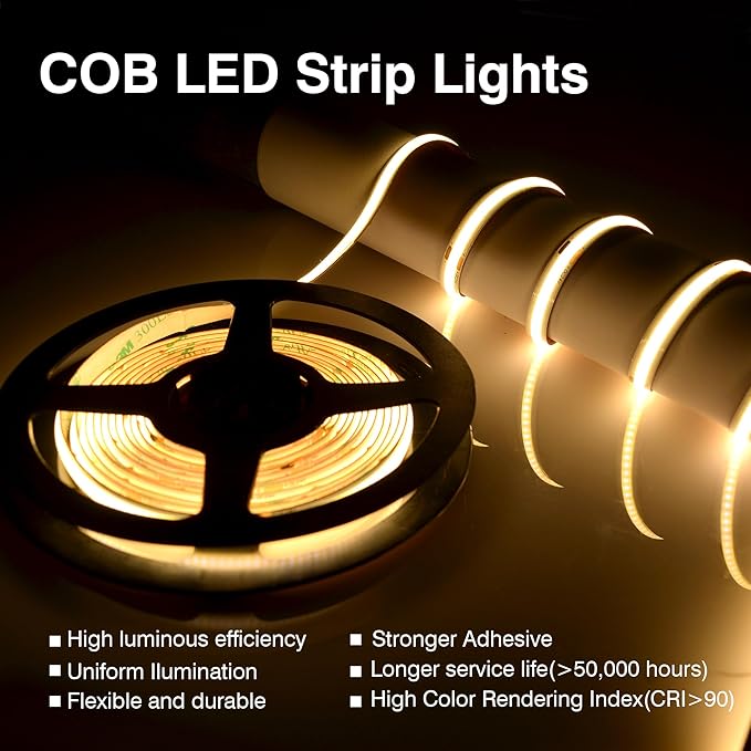 COB LED Strip,LED Strip Lights 5M/16.4ft,Touch Dimmable LED Strips,CRI90+,3000K Warm White cob led,1600LEDs,24V LED Tape Lights,Indoor for Bedroom, Kitchen, TV, Mirror,Cabinet