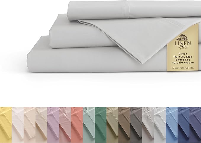 Linen Home 100% Cotton Percale Sheets Twin XL Size, Silver, Deep Pocket, 3 Pieces Set - 1 Flat, 1 Deep Pocket Fitted Sheet and 1 Pillowcase, Crisp Cool and Strong Bed Linen