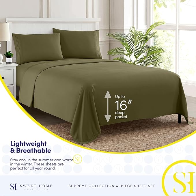 King Size Sheets - Breathable Luxury Bed Sheets with Full Elastic & Secure Corner Straps Built In - 1800 Supreme Collection Extra Soft Deep Pocket Bedding Set, Sheet Set, King, Olive