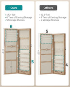 SONGMICS 6 LEDs Mirror Jewelry Cabinet, 47.2-Inch Tall Lockable Wall or Door Mounted Jewelry Armoire Organizer with Mirror, 2 Drawers, Christmas Gift, 3.9 x 14.6 x 47.2 Inches, Toasted Oak Color
