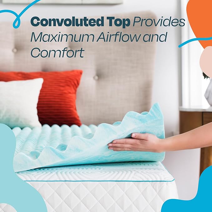 Linenspa 3 Inch Convoluted Gel Swirl Memory Foam Mattress Topper - Promotes Airflow - Relieves Pressure Points - Queen