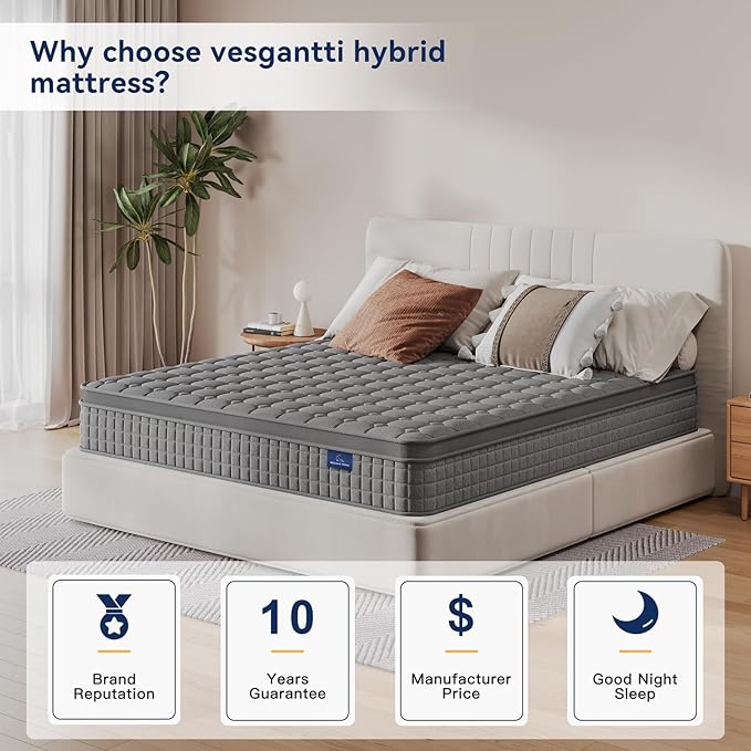 Vesgantti 12 Inch Multilayer Hybrid Cal King Mattress - Multiple Sizes & Styles Available, Ergonomic Design with Memory Foam and Pocket Spring, Medium Firm Feel, Grey
