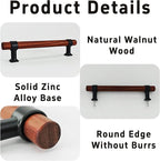 4Pcs 6.6” Walnut Wood Drawer Pulls, 128mm/5 Hole Center, Kitchen Cabinet Hardware Handles, Metal and Wooden Cabinet Knobs, T Bar Knob Pull Handles for Wardrobe, Dresser, Cupboard