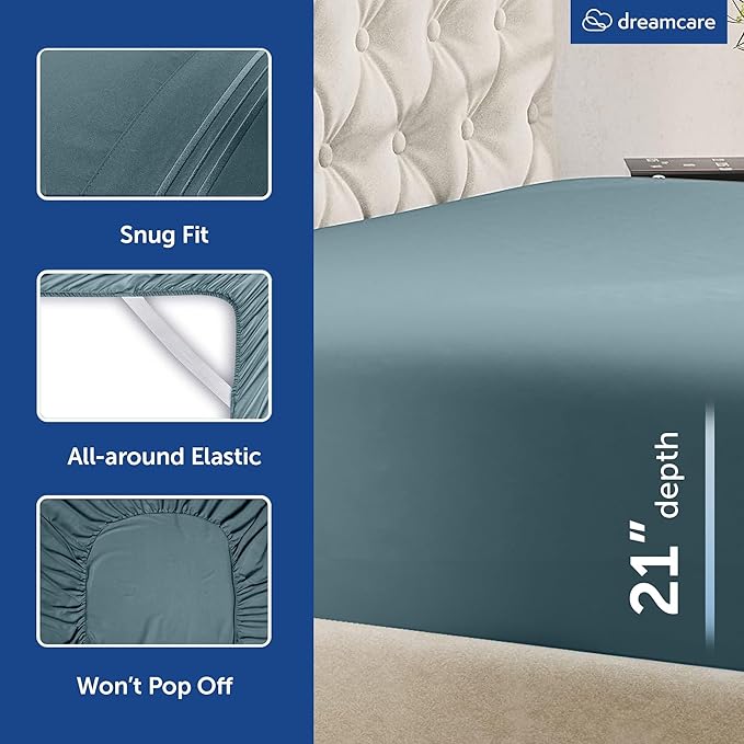 DREAMCARE Queen Sheet Set – 4 pcs Cooling Sheets – up to 21” Extra Deep Pocket Queen Sheets – Hotel Luxury – Superior Softness 100% Microfiber with Side Pocket - Mineral Blue
