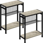 Small Side Table Set of 2 for Small Space, 3-Tier Narrow End Table with Magazine Holder, Slim Nightstand, Skinny Snack Couch Table in Living Room, Bedroom, Kitchen and Balcony (Greige)