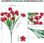 Lnoicy 12 Pcs Artificial Flowers for Outdoor,Plastic Flowers Decoration, UV Resistant Faux Flowers Shrubs, Artificial Plants for Indoor Outside Garden Home Wedding Farmhouse（Red）