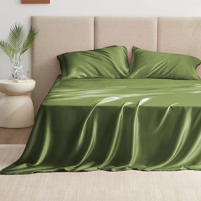 Love's cabin Satin Queen Bed Sheet Set - 4 Piece, Sage, Silky Soft, Deep Pocket, Luxury Feel