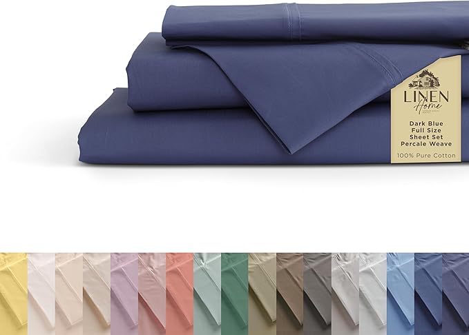 Linen Home 100% Cotton Percale Sheets Full Size, Dark Blue, Deep Pocket, 4 Pieces Set - 1 Flat, 1 Deep Pocket Fitted Sheet and 2 Pillowcases, Crisp Cool and Strong Bed Linen