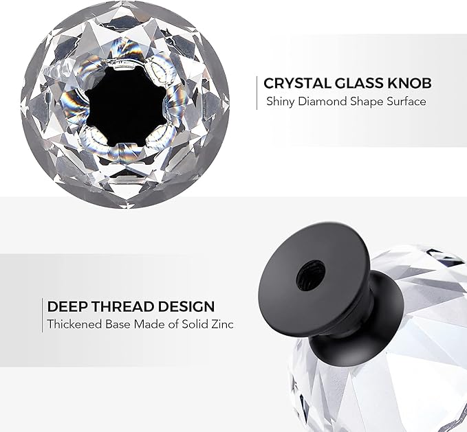 Ravinte 5 Pack Crystal Drawer Knobs - Glass Cabinet Knobs, Diamond Shaped, 30 mm with Black Base