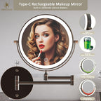 Rechargeable Wall Mounted Lighted Makeup Vanity Mirror 8 Inch Double Sided 1X 10X Magnifying Bathroom Mirror, 3 Color Lighting, Touch Screen Dimming, 360 Rotation Oil Rubbed Bronze