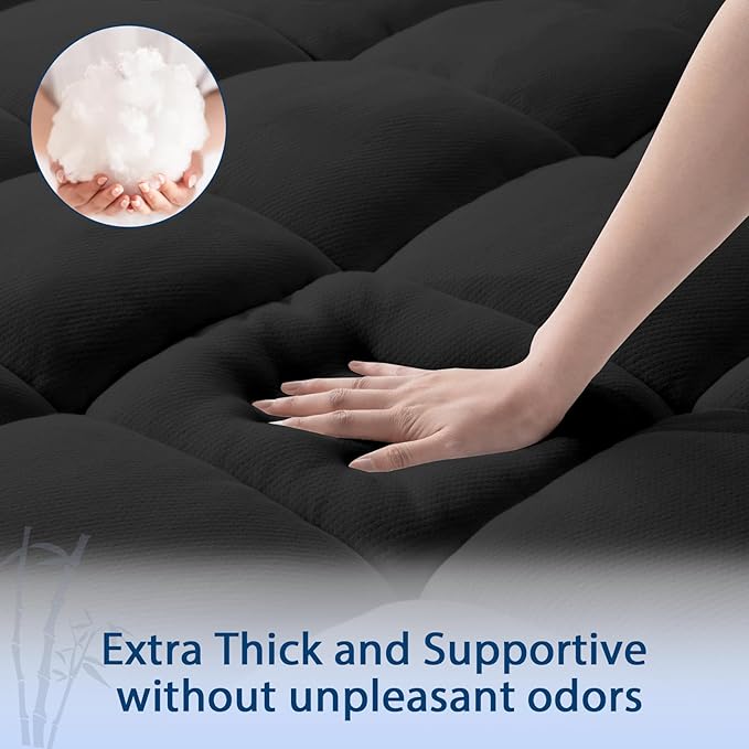 ELEMUSE Full Black Cooling Bamboo Viscose Mattress Topper for Back Pain, Extra Thick Mattress Pad Cover, Plush Soft Pillowtop with Elastic Deep Pocket, Overfilled Down Alternative Filling