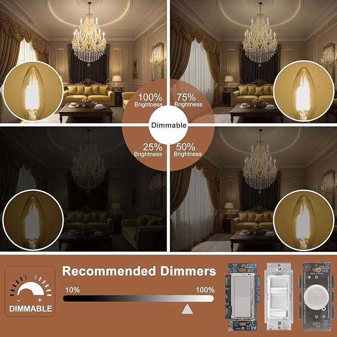 Honesorn E12 LED Bulb Dimmable, 60-Watt Equivalent, Candelabra Led Light Bulbs, 3000k Warm White, Type B Chandelier Light Bulb for Ceiling Fan, C35 B11 Candle led for Candelabra Base, 6 Pack