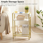 HOOBRO Small Narrow Side Table with Charging Station, Skinny End Table for Small Spaces, Slim Nightstand with USB Ports Outlet, Sofa Beside Table with Storage Shelf, White and Gold DW102UBZ01