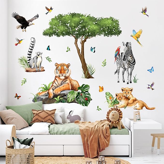 Jungle Safari Animal Wall Decals for Kids Room - Tiger Leopard Zebra Wildlife Wall Stickers Removable Vinyl Nursery Decor for Baby Toddlers Bedroom Classroom Playroom