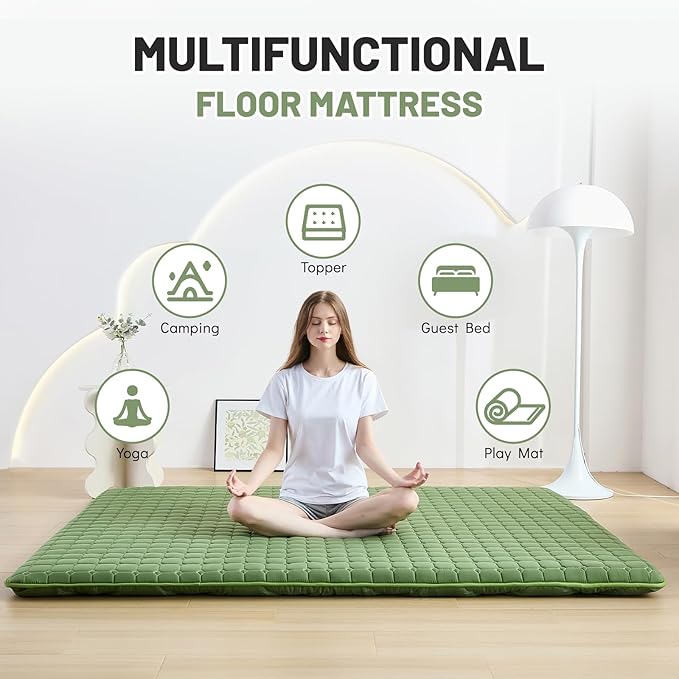 Japanese Floor Mattress Twin, Anti-Slip Japanese Futon Foldable Tatami Mat for Guests, Green