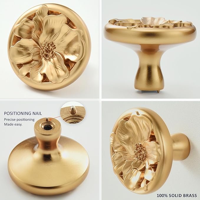 Flower Cabinet Pulls Handle Knob Drawer for Kitchen Dresser Wardrobe Bathroom and Cupboard One Hole Hardware Knobs for Girl Easy Installation Pack of 10 Champagne Bronze