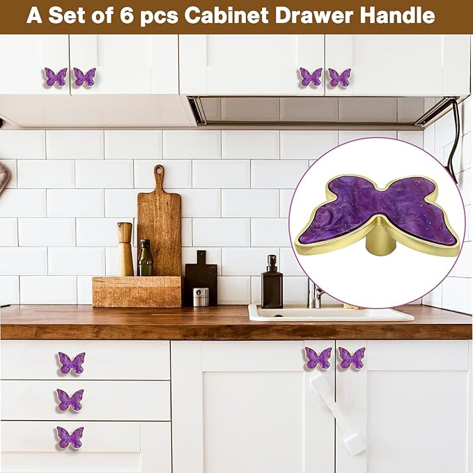 6 pcs Butterfly Shape Knobs Handle Gold Cabinet Knobs Decoration Door Handle Single Hole Handles Cabinet Drawer Dresser Kitchen Wardrobe Furniture Hardware Pulls (Purple)
