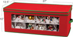 Household Essentials Ornament Storage Box, 36 Piece with Dividers, Sturdy and Stackable with Handles and Clear Plastic Window, Red Polyester Linen with Green Trim