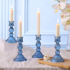 DARJEN Blue Candlestick Holders Set of 4 - Vertical Stripe Glass Candle Holders for Candlesticks and Taper Candles, Taper Candle Holder for Wedding Shower, Party, Dinner Table Decor