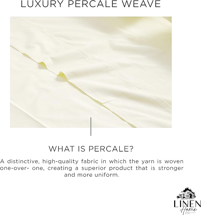 Linen Home 100% Cotton Percale Sheets Twin Size, Cream, Deep Pocket, 3 Pieces Set - 1 Flat, 1 Deep Pocket Fitted Sheet and 1 Pillowcase, Crisp Cool and Strong Bed Linen