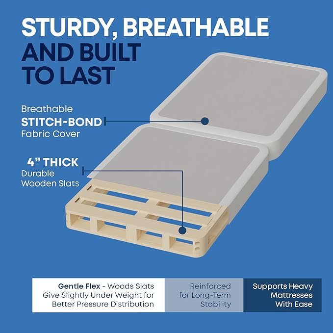 Nutan Inch Sturdy Box Spring for Mattress Support-Durable and Fully Assembled, Natural Wood Twin, White, 4" Foundation