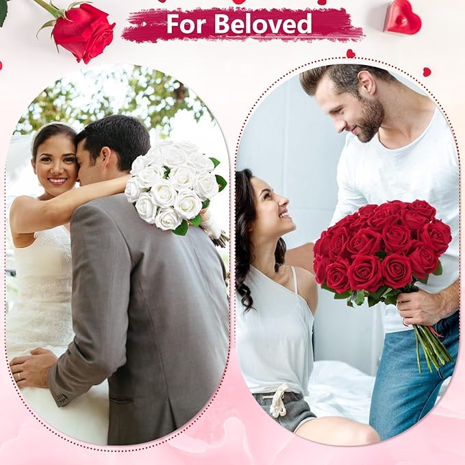 BLEUM CADE 50 Pcs Red Roses Artificial Flowers, Real Touch Velvet Roses Fake Flowers Bulk, Artificial Roses Bouquet with Long Stems Bridal DIY Wedding Party Centerpiece Decorations