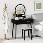 CHARMAID Vanity Desk with Mirror and Lights, Modern Makeup Vanity Table with 4 Drawers, 3-Color Dimmable LED Mirror, Girls Dressing Table and Stool Set for Small Bedroom (Black)