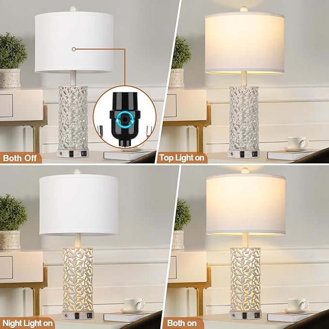 Morden Farmhouse Table Lamps Set of 2, Touch Control Bedside lamp with 2 USB Ports & AC Outlet,Vintage Nightstand Lamp with Nightlight for Bedroom Living Room Entryway,White