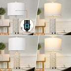 Morden Farmhouse Table Lamps Set of 2, Touch Control Bedside lamp with 2 USB Ports & AC Outlet,Vintage Nightstand Lamp with Nightlight for Bedroom Living Room Entryway,White