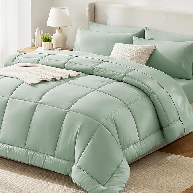 CozyLux Queen Comforter Set Sage Green, 7 Pieces Bed in a Bag, Green Comforter Queen Size, All Season Bedding Sets with Stitch Quilted Comforter, Flat Sheet, Fitted Sheet, Pillowcases