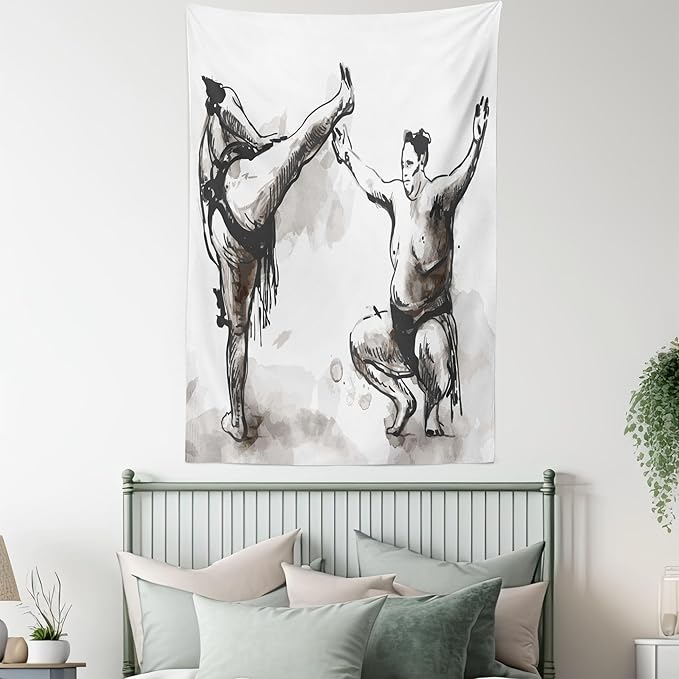 Lunarable Japan Tapestry Twin Size, Sumo Martial Arts Theme in Hand Drawn Style Wrestlers Sportsmen Self Defence, Wall Hanging Bedspread Bed Cover Wall Decor, Twin Size, Black White