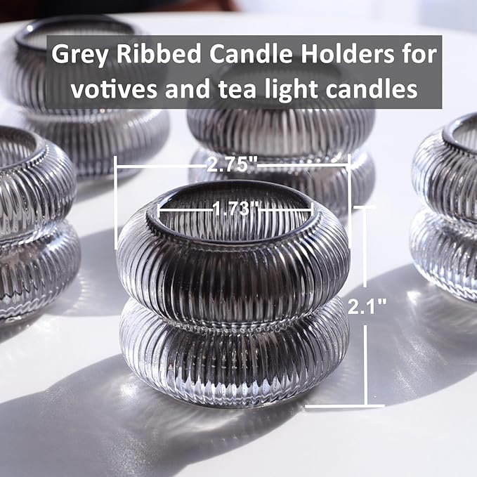 Woho Smoke Grey Ribbed Votive Candle Holder Set of 12, Vintage Tea Lights Candle Holder for Halloween Decorations, Glass Tealight Candle Holders for Holiday Party/Home Decor (Grey, 2.1" H X 2.75" D)