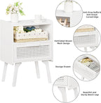 Lerliuo Rattan Nightstand, Side Table with Drawer Open Shelf, Cane Accent Bedside End Table with Solid Wood Legs, Mid Century Modern Night Stand for Bedroom, Dorm and Small Spaces (White)