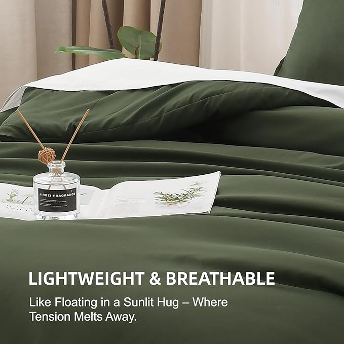 Litanika Comforters Olive Green Oversized King Size, 3 Pieces Lightweight Solid Bedding Comforter Set, All Season Fluffy Bed Set (120x98In Comforter & 2 Pillowcases)