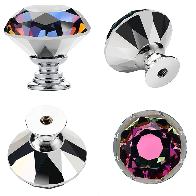Ravinte 10 Pack Colorful Crystal Drawer Knobs - Glass Cabinet Knobs, Diamond Shaped, 30 mm with Black Base