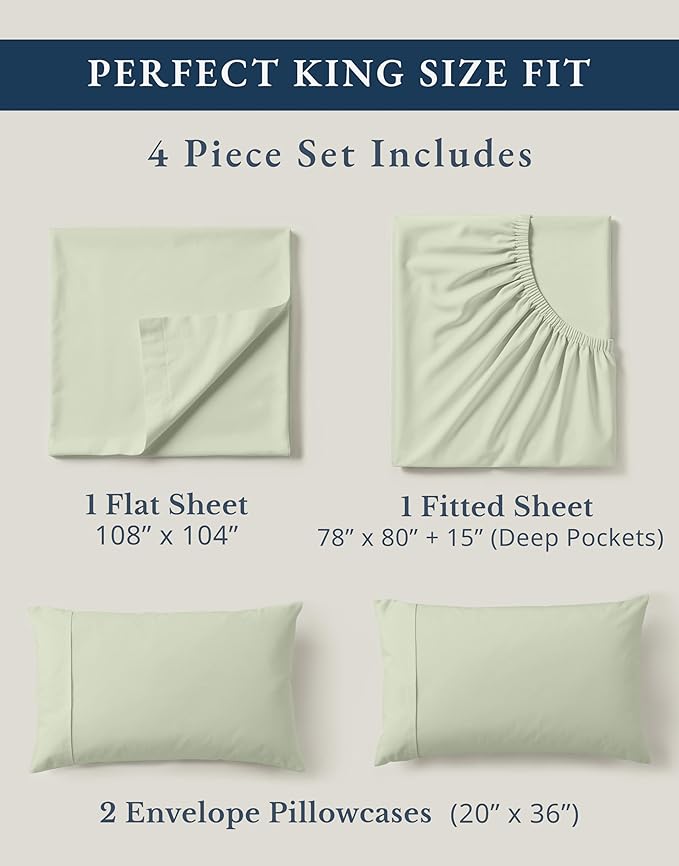 LANE LINEN 100% Organic Cotton King Bed Sheet Set, Bedsheets 4Pc Soft Cooling Fully Elasticized Mercerised All Season Sustainably Produced Cotton Sheets King Size, Oeko Tex Sheets - Mineral