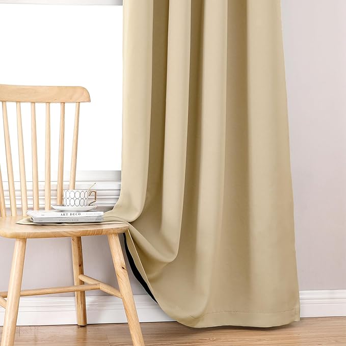 ChrisDowa 100% Blackout Curtains 84 inch Long for Bedroom with Black Liner, 2 Thick Layers Total Blackout Thermal Insulated Grommet Window Curtains 2 Panels Set (Beige, 38 x 84 Inch)