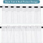 RYB HOME Semi Sheer Curtains 102 inches Long, Back Tab Light Filtering Half Privacy Window Curtains & Drapes for Bedroom Living Room, White, W 52 x L 102 inches, 2 Panels Set