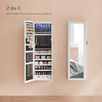 SONGMICS 6 LEDs Mirror Jewelry Cabinet, 47.2-Inch Tall Lockable Wall or Door Mounted Jewelry Armoire Organizer with Mirror, 2 Drawers, Christmas Gift, 3.9 x 14.6 x 47.2 Inches, White