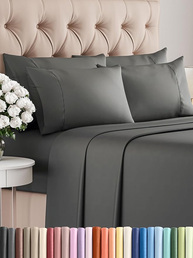 Full 6 Piece Sheet Set - Comfy Breathable & Cooling - Ultra Soft Hotel Luxury Bedding Set w/ 8-16 Inch Deep Pockets - 1 Flat & 1 Fitted Sheet & 4 Pillowcases - Wrinkle Free and Easy Care - Charcoal
