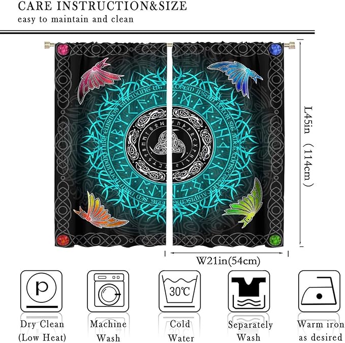 Viking Curtains Ancient Nordic Magic Rune Curtains Nordic Mythology Viking Bird Pattern Printed Curtains Bedroom Living Room Decoration Blackout Curtains W42 * L45 Inch