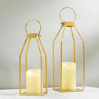 Perfnique Modern Farmhouse Lantern Decor, 15'' 12.6'' Set of 2 Gold Metal Lanterns, 2 LED 6hr Timer Flickering Flameless Candles, Lanterns Decorative for Outdoor, Porch, Fireplace, Patio