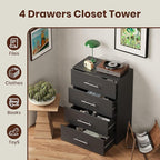 ROOMTEC 19.5" 4 Drawer Short Tower Closet Unit, Modular Closet System with Drawers and Shelf, Wardrobe Organizer for Bedroom or Walk-in Closet, Wall Mounted, Customizable Clothes Storage Unit, Black