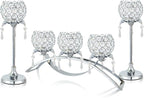 Set of 3 Gold Crystal Tea Light Candlestick Holders Flower Shape with Crystal Pendant Bowl Votive Metal Candle Holder for Table Centerpieces Wedding Home Decor (Set of 3, Silver)