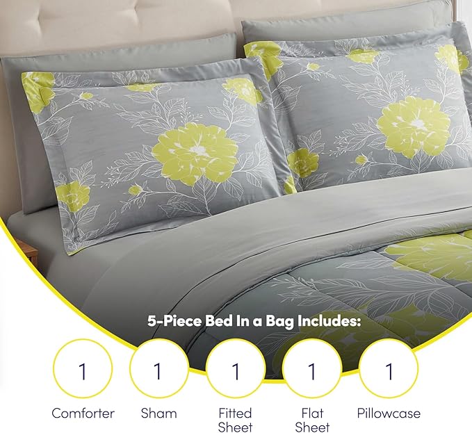Sweet Home Collection 5 Piece Comforter Set Bag Solid Color All Season Soft Down Alternative Blanket & Luxurious Microfiber Bed Sheets, Florence, Twin