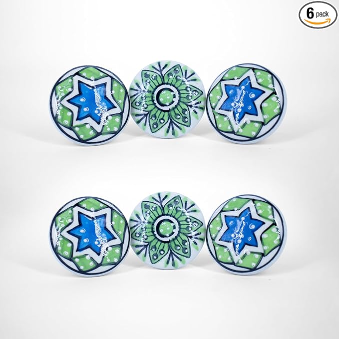 Handmade Blue & Green Ceramic Stone Cabinet Knobs, Vintage Decorative Drawer Pulls for Trendy Cabinets, Modern Dressers & Cupboards, Knobs for Kitchen & Furniture - Set of 6