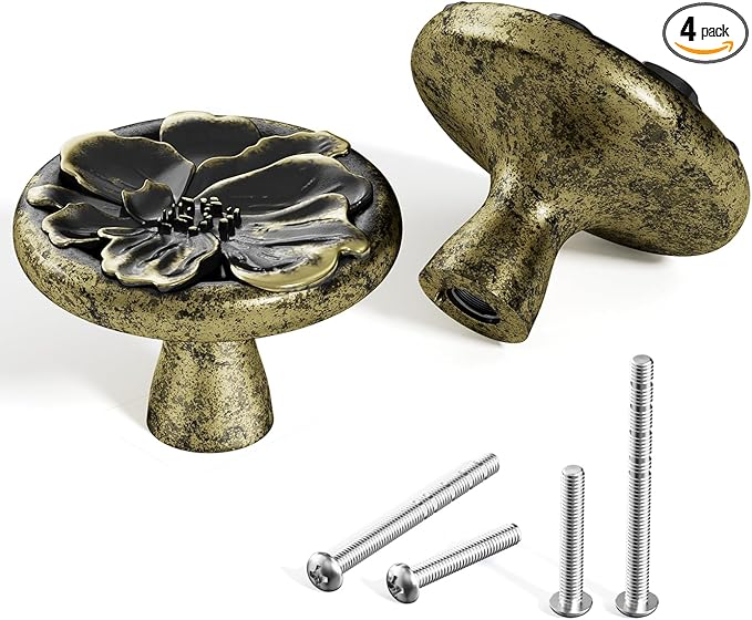 Flower Cabinet Pulls Handle Knob Drawer for Kitchen Dresser Wardrobe Bathroom and Cupboard One Hole Hardware Knobs for Girl Easy Installation Pack of 4 Retro Brass