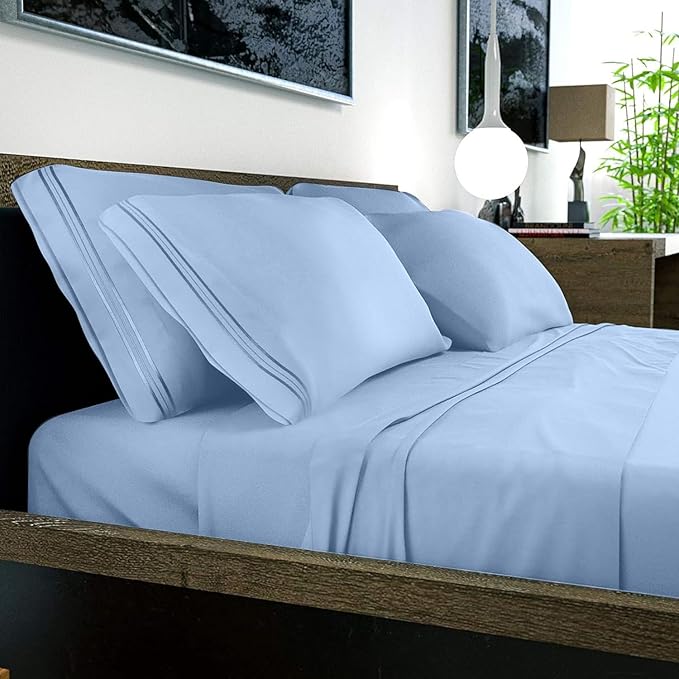 DREAMCARE California King Sheet Sets – 6 pcs Cooling Bed Sheets – up to 15” Deep Cal King Sheets – 2500 Supreme Collection – Extra Soft 100% Brushed Microfiber Hotel Luxury with Side Pocket – L Blue