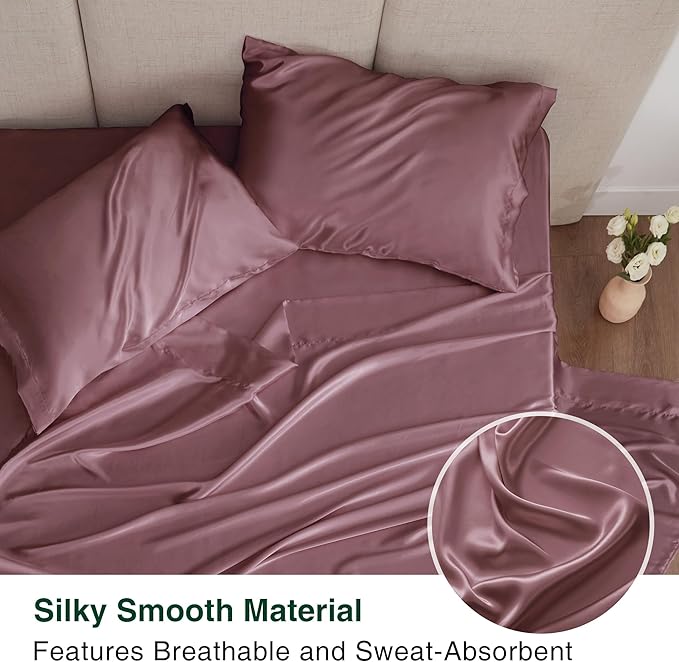 Love's cabin Satin Queen Sheets Set - 4 Piece Rose Taupe Silky Bed Sheets Set with Deep Pocket, Luxury Silk Feel Satin Queen Size Sheet Set (1 Flat Sheet,1 Fitted Sheet,2 Pillow Cases)